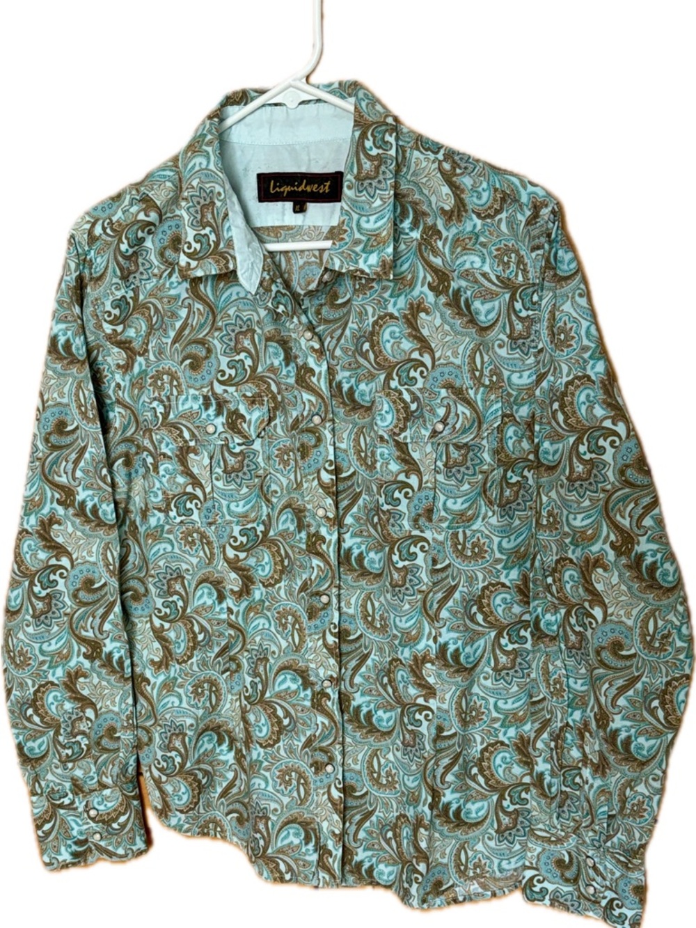 Vintage Liquidwest Paisley Button-Down Pearlized Snap Western Shirt Teal & Brown